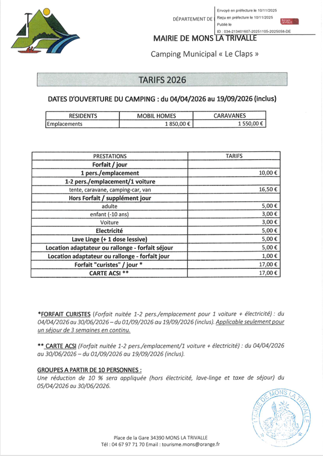 Tarif Camping 2026